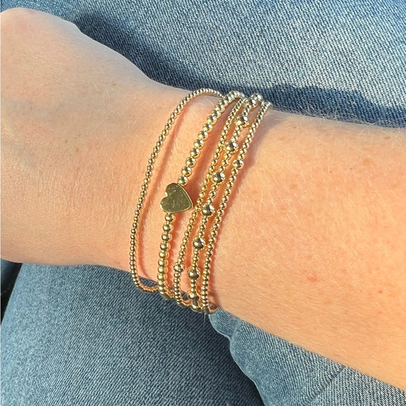 Set of 3 14k Gold Filled Bead Bracelets: Two 2mm & One 3mm w/Heart Charm - Picture 2 of 8